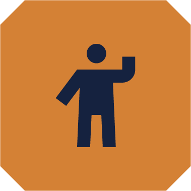 Silhouette of a person waving in dark blue on a brown octagonal background.