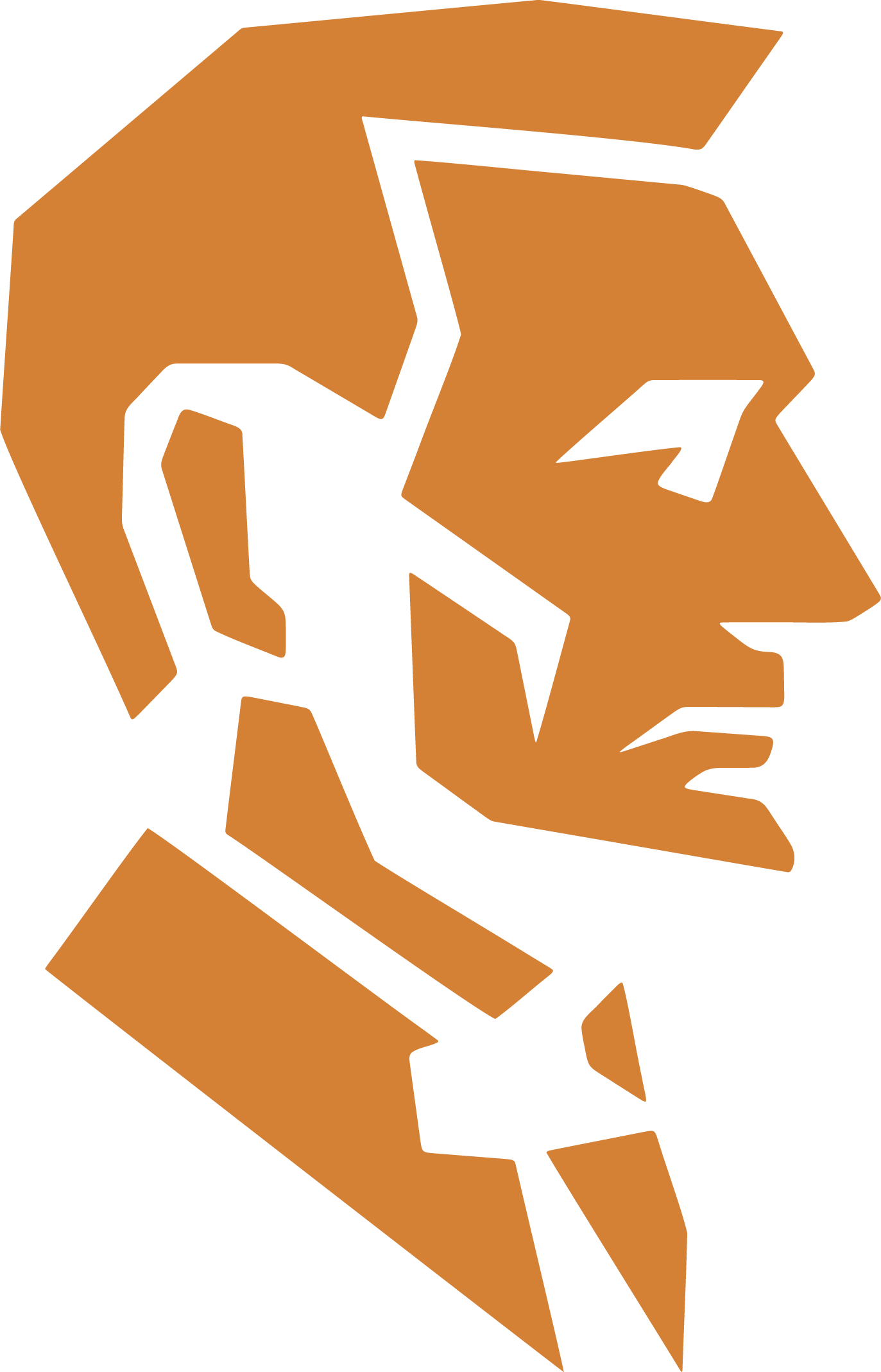 Stylized orange and black profile of a man's face, with angular features and sharp lines.