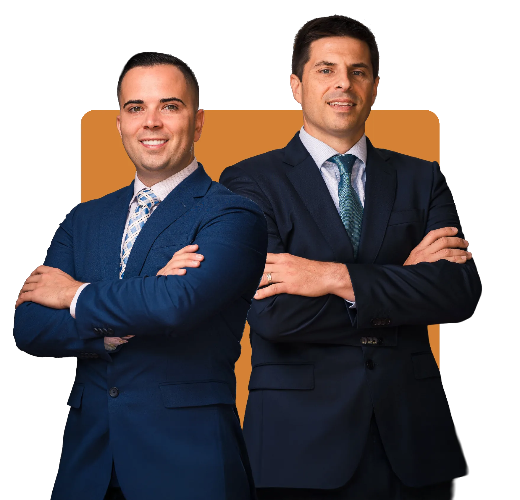 Two professional men standing with arms crossed, dressed in business suits, smiling confidently, with a brown background.