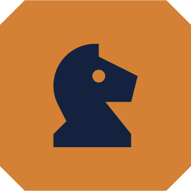 A navy blue chess knight piece on an orange octagonal background