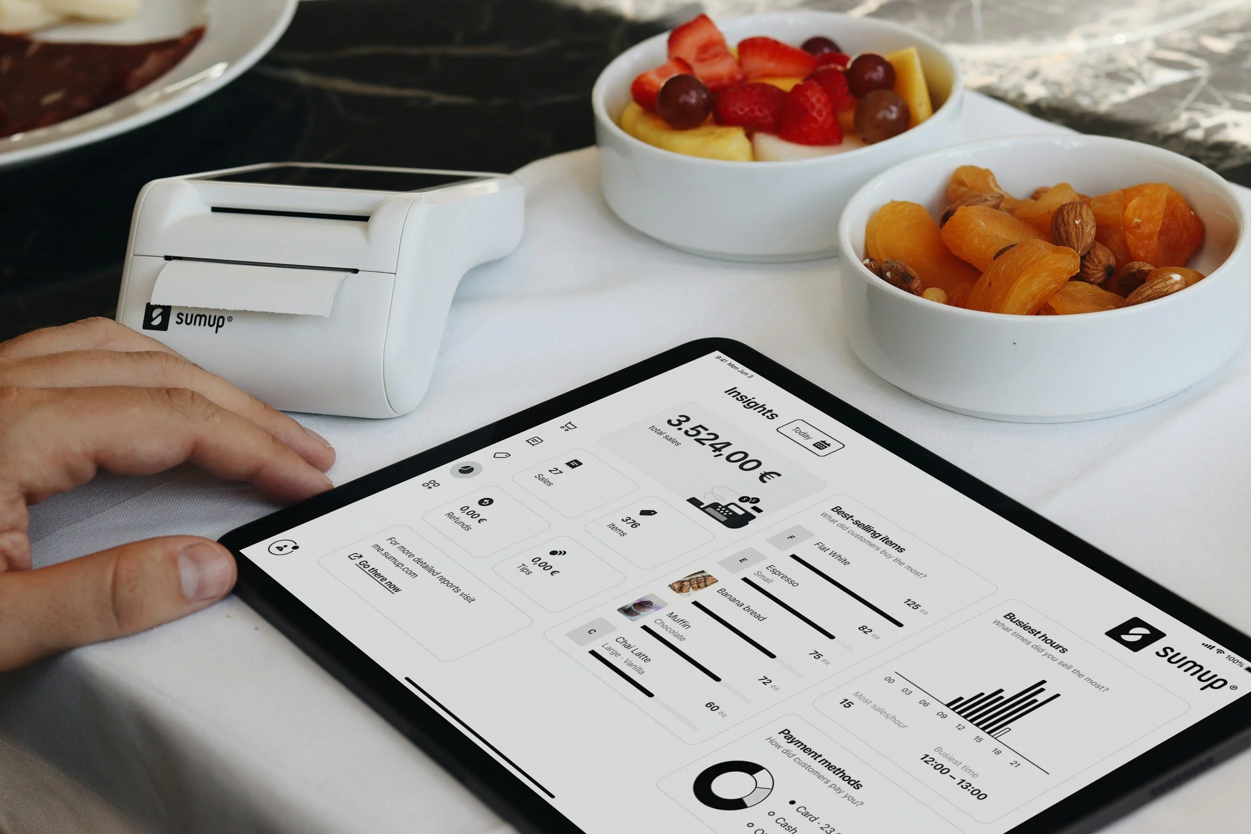 A tablet with restaurant finances application open, sitting on a table